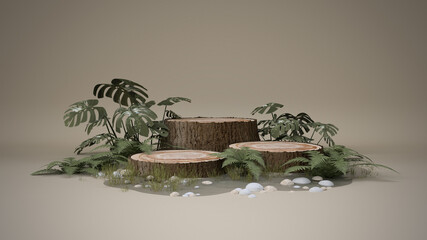 Tree stumps podium platform for product presentation with plants, 3D render