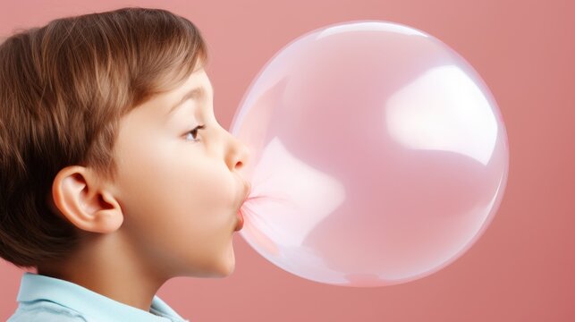 boy make bubble with chew on pure background