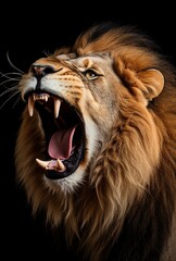 lion head portrait, lion king head isolated on black color background
