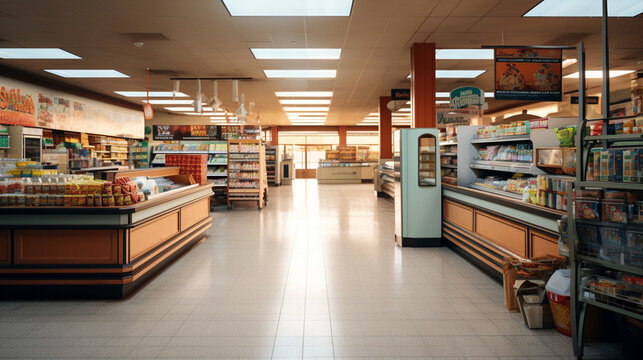 Empty supermarket, store interior
