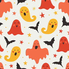 Halloween seamless pattern with ghosts, bats ans stars. Vector illustration