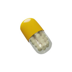 3D render long angle yellow pill. Realistic plastic treatment. Medicine care tablet. Pharmacy chemical cure, drug, antibiotic, vitamin, painkiller. Vector illustration about health in plastic style