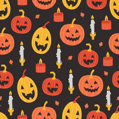 Halloween seamless pattern with pumpkins, stars and candles. Vector illustration