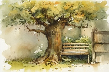 Watercolor illustration of a bench under a tree in the park.