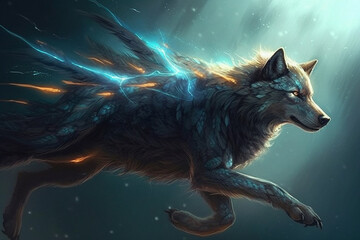 Digital illustration of a wolf with lightning in the background. 3D rendering