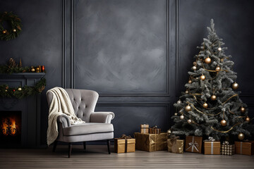 Decoración interior de Navidad con árbol de navidad y regalos, elegante con pared oscura
