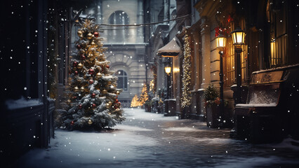 Calle con decoración navideña, nevada iluminación dramatica al atardecer con árbol de navidad y decoración