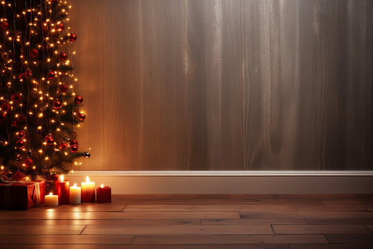 &Aacute;rbol de navidad con espacio para texto sobre fondo y suelo en madera con velas