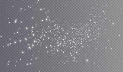 White png dust light. Christmas background of shining dust Christmas glowing light bokeh confetti and spark overlay texture for your design.