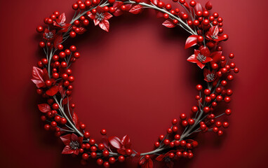 Christmas and New Year card template, wreath. Round Blank red space for text copy paste decorated with Xmas tree balls and lights