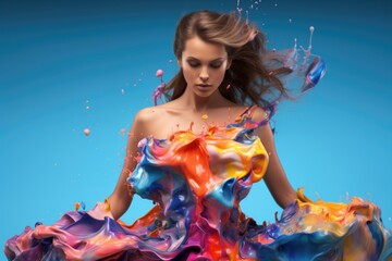 Beautiful woman in a stunning multi-colored dress made of water.
