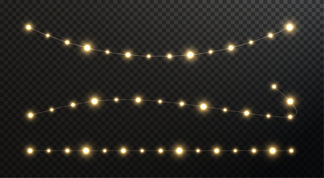 Festive Christmas light gold garlands PNG. Decor element for postcards, invitations, backgrounds, business cards. Winter new collection 2023.	

