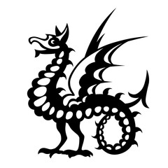 Heraldic dragon snake with wings. Symbol, sign, line, icon, silhouette, tattoo. Black. Isolated vector illustration. New Year 2024.