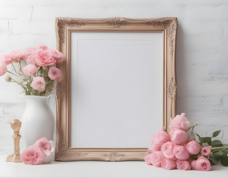 Empty wooden picture frame mockup hanging on white wall background. Boho-shaped vases with dried flowers on table. Working space, home office. Modern interior. Generative Ai