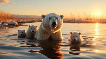 A polar bears and cubs enjoying in lake at sunset.