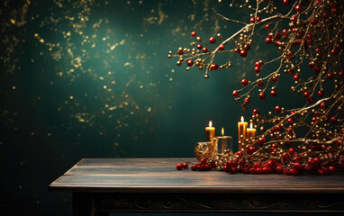 Christmas and New Year card. Free copy space, blank for text decorated with xmas candle lights, cranberry branches