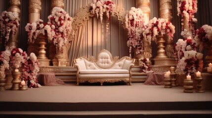 Beautiful wedding stage adorned with flowers and decor, Decorated wedding stage with furniture.