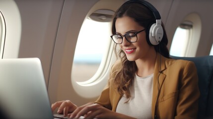 Businesswoman passenger sitting on seat in Airplane working online while travelling with computer