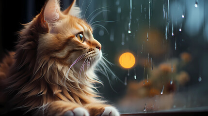 red cat watches the rain through the window