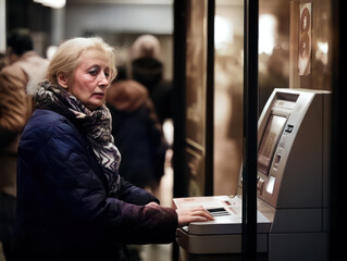 senior woman withdrawing money at ATM, withdraw retirement savings - obrazy, fototapety, plakaty