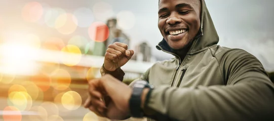 Rolgordijnen Black man, smart watch and hand for fitness, training or exercise performance with bokeh for personal trainer. Athlete, person or stopwatch or timer for progress update, steps or results for wellness © Malambo C/peopleimages.com