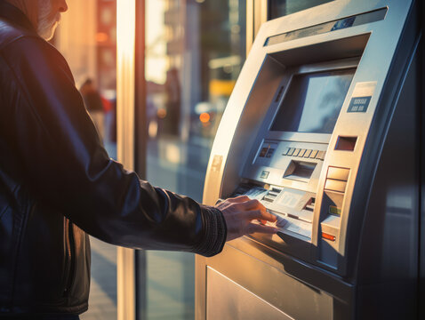 Close-up of hand at cash withdrawal machine or ATM