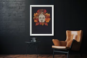 Foto op Aluminium Painting with a portrait of an owl and fallen yellow leaves on a black brick wall above a leather chair with space for product placement or advertising text. © OleksandrZastrozhnov