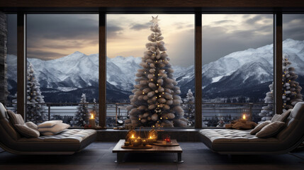 New Year's interior of a living room or hotel room with a view through the window of a Christmas tree and snowy mountains. - obrazy, fototapety, plakaty