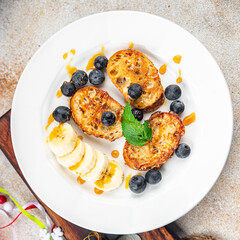 Christmas tasty breakfast sweet toast fruit bread fried in egg baguette piece holiday sweet dessert holiday treat new year and christmas meal food snack on the table copy space food background