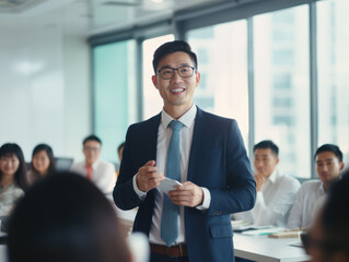 Asian man presenting to business team in meeting, businessman speaking before conference meeting