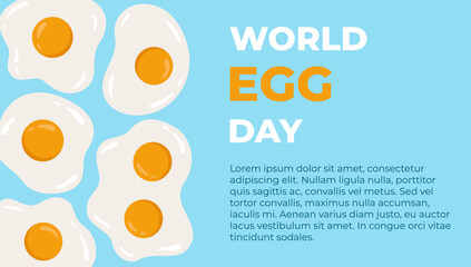 World Egg Day Banner. Different shaped fried eggs on blue background and basic text. Food theme for web banner or leaflet. Vector illustration. 