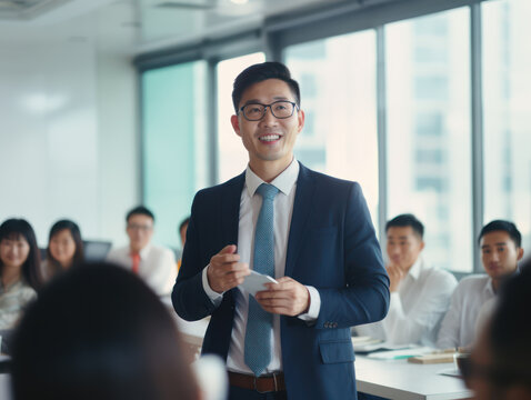 Asian man presenting to business team in meeting, businessman speaking before conference meeting - Powered by Adobe