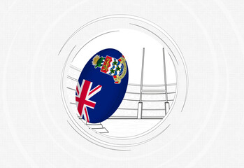 Cayman Islands flag on rugby ball, lined circle rugby icon with ball in a crowded stadium.