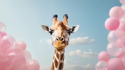 Gordijnen Beautiful African giraffe blowing bubble gum © aleena