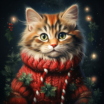 A picture of a cute cat wearing a cozy holiday sweater, ready for a festive family gathering 
