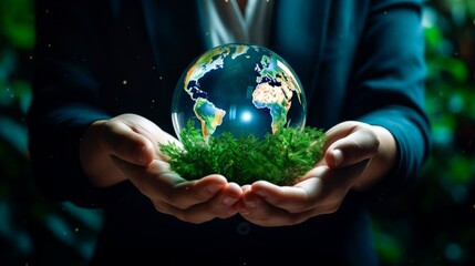 person holding a earth  globe in the hands as nature grows,
