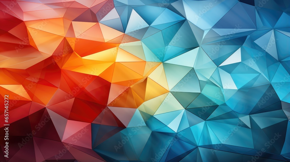 Poster closeup of a geometric wallpaper with triangular facets in blue orange and red creating a 3d effect