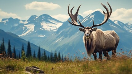 Caribou bull on beautiful mountain landscape.