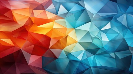 Closeup of a geometric wallpaper with triangular facets in blue orange and red creating a 3D effect