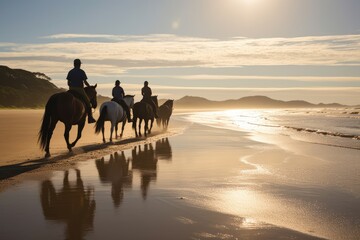 Fototapeta na wymiar Silhouettes by the Sea: horse riding Group Enjoys afternoon on the Beach with Reflecting Sky and Water
