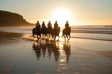 Silhouettes by the Sea: horse riding Group Enjoys afternoon on the Beach with Reflecting Sky and Water - obrazy, fototapety, plakaty