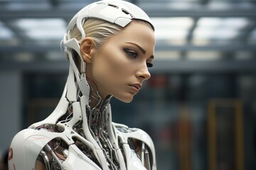 Vanguardista Cyborg con Exoesqueleto Avanzado, Fusionando Elegancia y Tecnología en un Universo Futurista. - obrazy, fototapety, plakaty