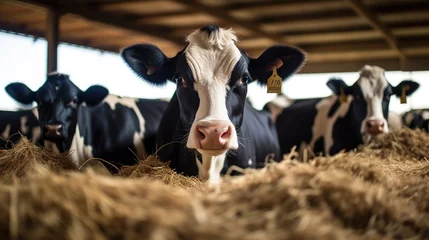 Schilderijen op glas Black and white cow eating hay, Feeding cows. © visoot