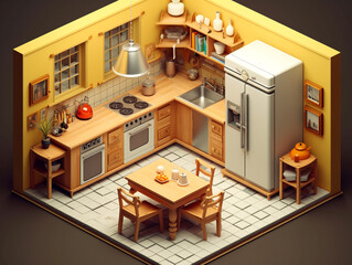 3D decoration of a small residential kitchen complete with kitchen appliances and kitchen cabinets. Neatly arranged to maximize the small space.
