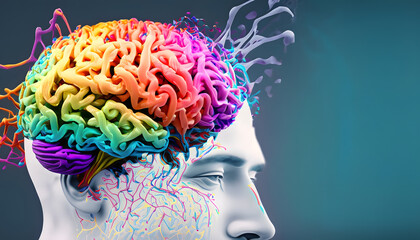 Obraz premium A striking visual representation of ADHD, where the intricate and colorful neural patterns of the brain are dynamically visible on the surface of a man's head