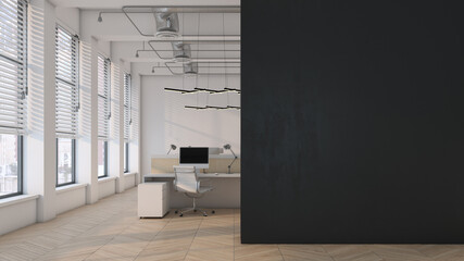 Black brick open space office interior with narrow window and sunlight, a blank dark wall on the right and a row computer desks. Office interior with wooden floor. Side view. 3d rendering .