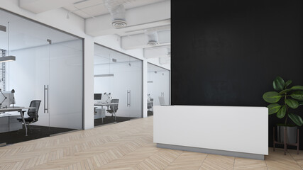 Side view of white modern office with separate room, interior office with wooden floor, working space  with computer on table, white reception beside the office room, 3d rendering