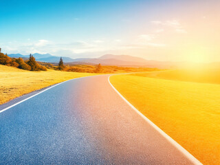 Empty road and New year concept. Driving on an empty road to Goals with sunrise. Copy space.