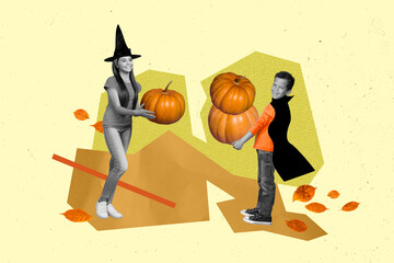 Magazine picture sketch collage image of happy smiling kids preparing halloween night isolated...