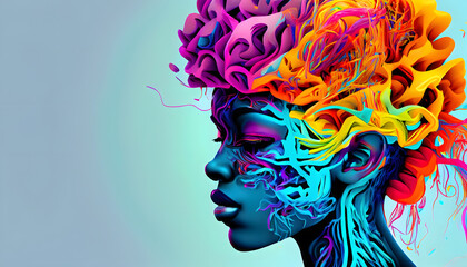A striking visual representation of ADHD, where the intricate and colorful neural patterns of the brain are dynamically visible on the surface of a woman's head - obrazy, fototapety, plakaty